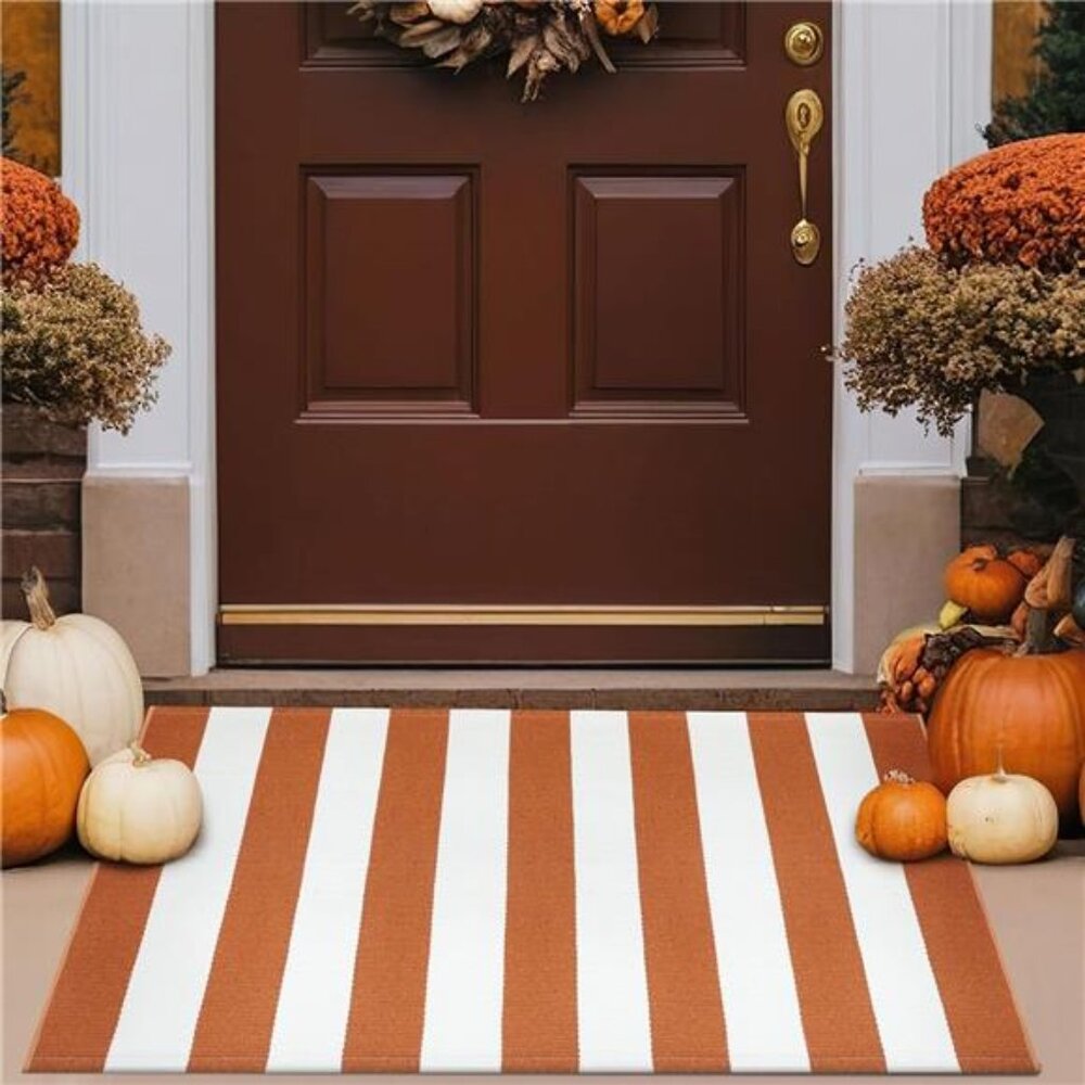 Duraaamo Orange and White Striped Rug, 24 x 35 Inch‎ Heavy Cord Area Rug Outdoor